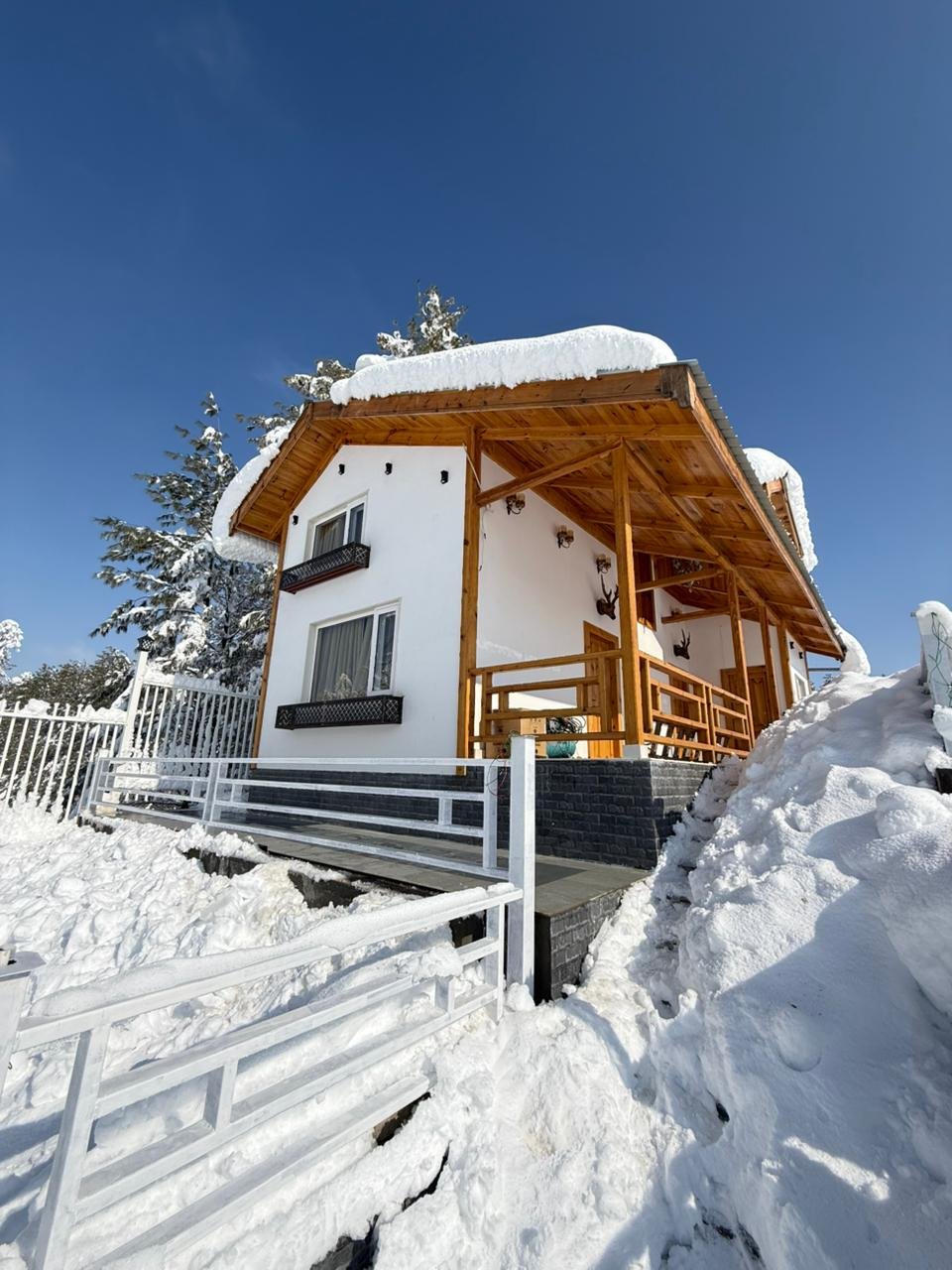 Pear Meadows Tangmarg luxury duplex cottage exterior view with mountain backdrop